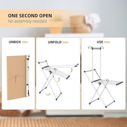 Unkqan Clothes Drying Rack, Foldable Laundry Rack for Indoor Outdoor, 10pcs Sock Clips, Collapsible Space-Saving Drying Rack for Clothes Towels Dolls, White (Gray-Hanger)