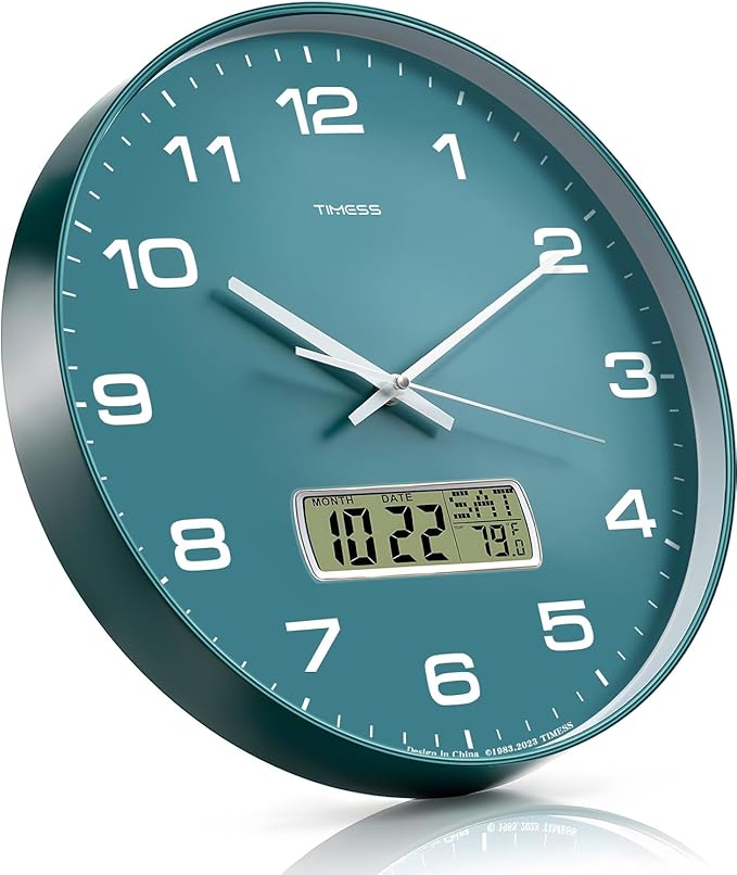 TIMESS Wall Clock, 12" Dial Non-Ticking Silent Battery Operated Analog with LCD Display for Perpetual Calendar and F° Temperature, Ideal Modern Home, Bedroom, Kitchen, Office Decor (Green)