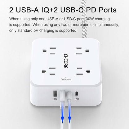5Ft Flat Plug Braided Extension Cord - CHCORE Surge Protector Power Strip with 8 Outlets and 2 USB-C (PD 30W) Fast Charging Ports and 2 USB-A Ports for Home, Office, Dorm Room Essentials, ETL, White