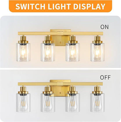 DIKAIDA Bathroom Vanity Light, 4-Light Modern Matte Gold Wall Sconce Lighting with Clear Glass Shade, Black Wall Lights,Bath Vintage Wall Mounted Lamps for Mirror Bedroom Living Room