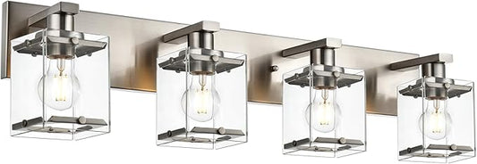 WINSHEN 4-Lights Bathroom Vanity Light Fixtures in Brushed Nickel, E26 Socket Wall Sconce Lighting Fixtures with Clear Glass Shades for Over Mirror Bedroom Living Room Cabinet