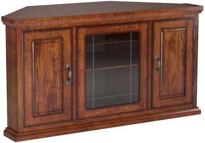 Leick Home 80385 Leaded Glass Three Door Corner TV Stand with Enclosed Storage For 50" TV's, Burnished Oak