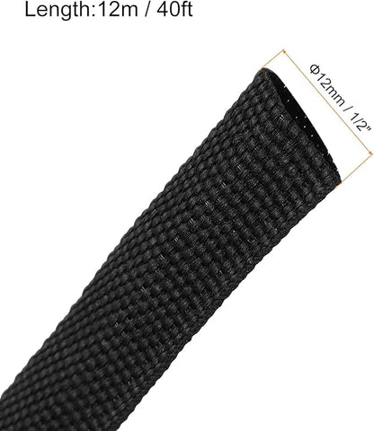 MECCANIXITY Braided Cable Sleeves Heat Shrinkable Fabric Sleeving, 1/2" 40ft Black 2:1 Ratio Heat Shrinkable Cord Protector for Harness Cable, Network Cable Protection, Cable Management