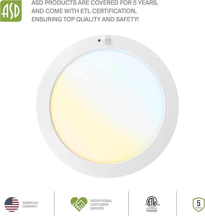 ASD LED 12" Round Flush Mount Ceiling Light Fixture, Low Profile Surface Lighting | 5CCT, Motion Sensored, Ultra-Thin, ETL Listed | 24W 1700LM 2700-6000K 120V | Kitchen, Hallway Lamp | White
