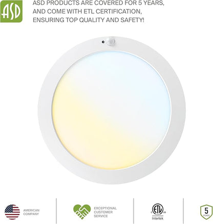 ASD LED 12" Round Flush Mount Ceiling Light Fixture, Low Profile Surface Lighting | 5CCT, Motion Sensored, Ultra-Thin, ETL Listed | 24W 1700LM 2700-6000K 120V | Kitchen, Hallway Lamp | White, 12 Pack