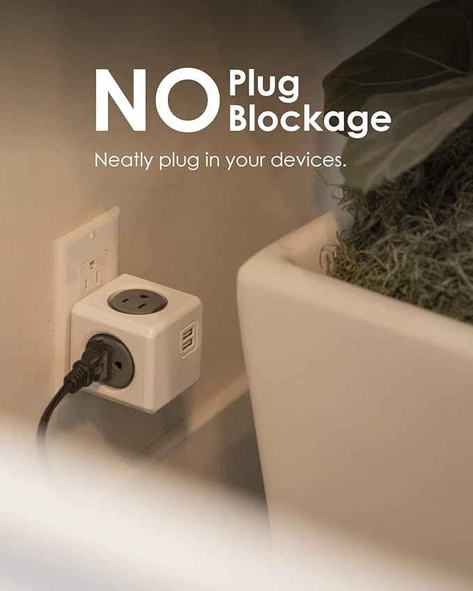Allocacoc PowerCube Original USB; 4 Outlets Surge Protector 2 USBs Cubic Multi Socket Extender Power Tab Space Saving Compact No Blockage Dorm Home Office125V 15A 1875W Max Grey