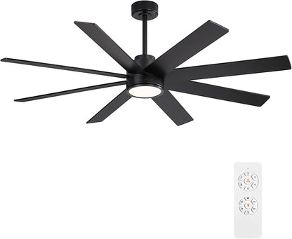 WINGBO 72" Large DC Ceiling Fans with Lights and Remote, 3 Downrods, 8 Plywood Blades, 6-Speeds Reversible DC Motor, 3CCT, Indoor Ceiling Fan for Bedroom Living Room Patio, Black