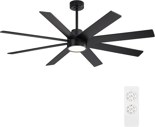 WINGBO 60" Large DC Ceiling Fans with Lights and Remote, 3 Downrods, 8 Plywood Blades, 6-Speeds Reversible DC Motor, 3CCT, Indoor Ceiling Fan for Bedroom Living Room Patio, Black