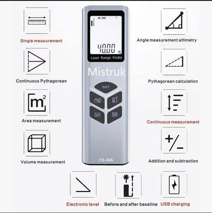 Laser Measuring Tool 131FT Laser Rangefinder Tape FT/M/INCH Compact Laser Measuring Tape with Electronic Level and flash USB Charging continuous/angle/área/volume/pythagorean measurement