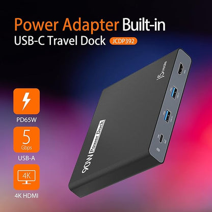 j5create USB-C Travel Hub with PD 65W Power Supply - for Travel or Business Trip - Charging Adapter Hub with 4K HDMI, USB-A x 2 - for MacBook Air/Pro 13, Surface Pro, and USB-C Laptop (JCDP392)