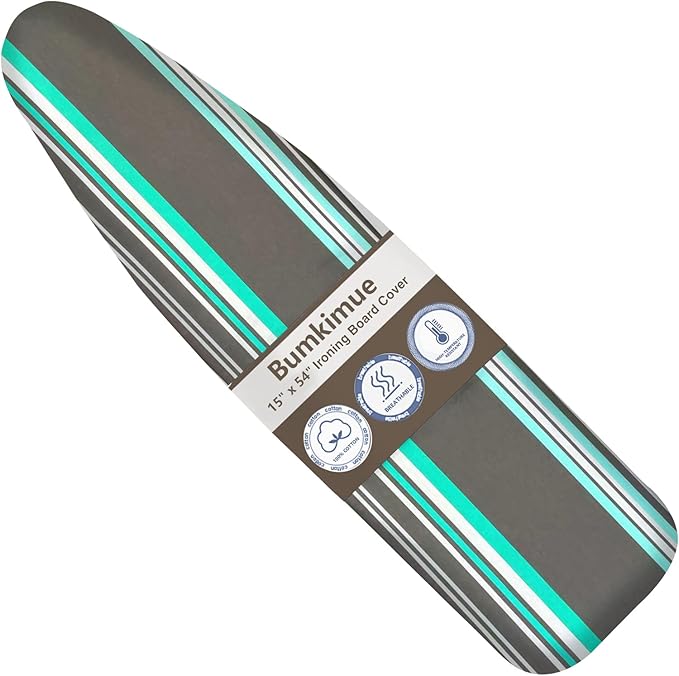Bumkimue Ironing Board Cover and Pad, Standard Size 15x54 Inches, Blue Floral Pattern, Heavy Duty Padded, Elastic Edge, Scorch Resistant (Green and Gray Stripes)