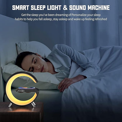 Smart Table Lamp, 15W Wireless Charger Station with LED Atmosphere Lamp, Bedside Night Light, Alarm Clock, Bluetooth Speaker with App Control for Home Decor, Gift for Girls Boys for Birthday Christmas