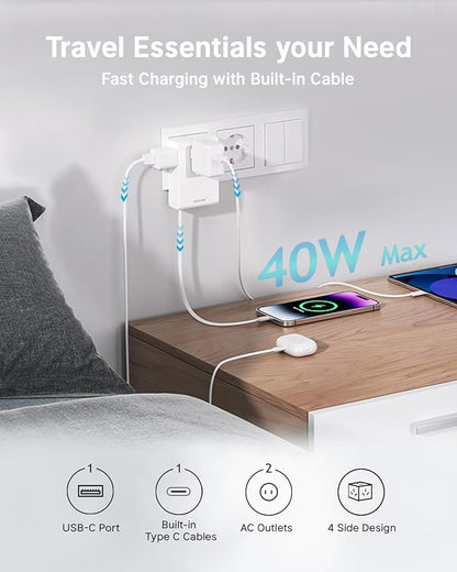 Flat USB C Wall Charger with 31.5in Retractable Type-C Cable, 5-in-1 Slim Wall Charger, 40W Fast Charging Power Plug with 3 Outlets 1 USB C Port, Type A Power Adapter for US to Japan Travel