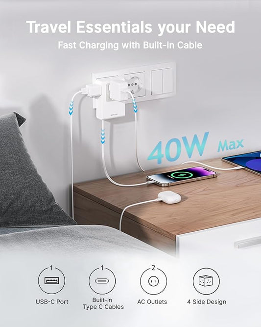 Flat USB C Wall Charger with 31.5in Retractable Type-C Cable, 5-in-1 Slim Wall Charger, 40W Fast Charging Power Plug with 3 Outlets 1 USB C Port, Type A Power Adapter for US to Japan Travel