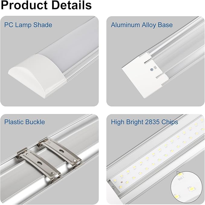 colmeguna 4 Packs 4FT LED Batten Light, Ultra-Thin Ceiling Surface Mounted Light, 40W, 4000K, IP20, LED Ceiling Lamp for Garage, Shop, Hallway, Office, Market, ver2