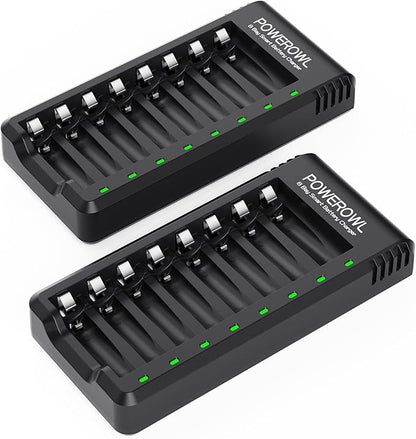 POWEROWL 8 Bay AA AAA Battery Charger 2 Pack, USB High-Speed Charging, Independent Slot, for Ni-MH Ni-CD Rechargeable Batteries