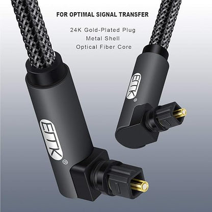EMK 【Upgraded】 Double 90 Degree Optical Audio Cable Free-Rotating Toslink Plug Nylon Braided S/PDIF Digital Right Angle Optical Male to Male Cable for Home Theater,Sound Bar,TV(3.3ft/1m)