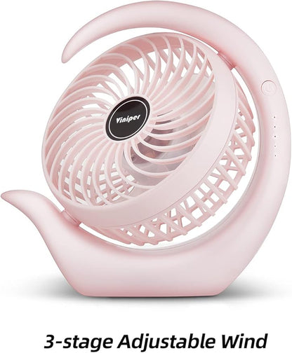 Viniper Battery Operated Fan, Usb Desk Fan : 180° Rotation and 3 Speeds Portable Office Fan, About 8-24 Hours Working for Office Home (Light Pink, Light Black Blade)