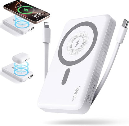 2026 Magnetic Wireless Power Bank, 16800mAh Portable Charger with 2 Built in Cables, LED Display Magnetic Battery Pack Travel Essentials for iPhone 17/16/15/14/13/12/Pro/Mini/Pro Max Andriod-White