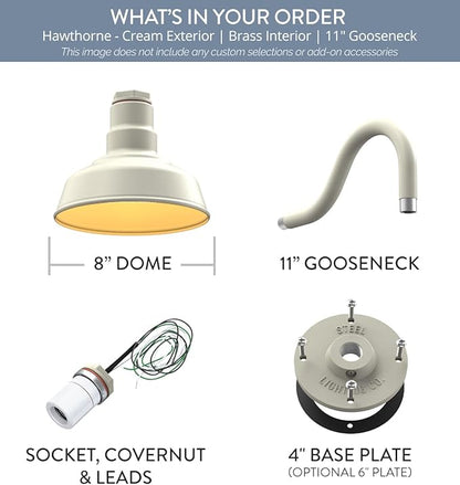 Steel Lighting Co. Hawthorne Barn Light | Outdoor Wall Mounted | 8 inch Dome | 11" Gooseneck | Small Farmhouse Light Made in America | Cream Exterior/Brass Interior