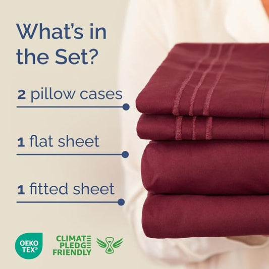 Full XL Bed Sheet Set - 4 Piece Extra Long Extended Full XL Sheets - Soft, Breathable & Cooling - Fits 8" to 16" Mattress w/ Deep Pockets - 54" x 80" - Easy-Fit, Wrinkle & Fade Resistant - Burgundy