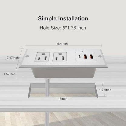 20W Recessed Power Strip USB C Fast Charge Desk Power Outlet Type C Flush Mounted Extension Power Plug for Conference Countertop Desktop Drawer Sofa ETL Listed 10ft Power Cord