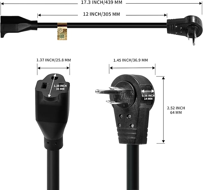 Nekteck 360° Rotating Flat Plug Extension Cord, 1 Foot, 14AWG 3 Prong, Low Profile Right Angle Power Cord Grounded Wire, UL Certified, Black (6 Pack)