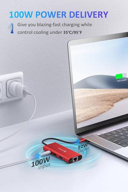 UtechSmart USB C Hub, Ethernet Multiport Adapter 6 in 1 USB C to HDMI Dock Compatible for MacBook Pro/Air, Chromebook, Dell XPS, HP and Type C Devices (Gigabit Ethernet 100W PD 4K HDMI USB 3.0) Red