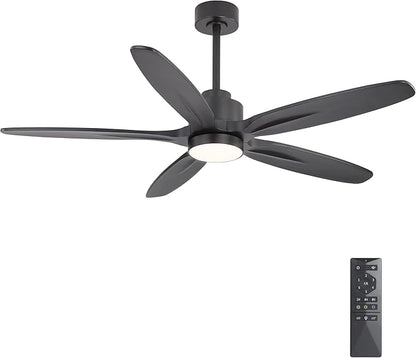 WINGBO 54" Ceiling Fan with Light - 5 Carved Solid Wood Blades, 6-Speed Reversible DC Motor, Dimmable, 3CCT, Noiseless Remote Control Ceiling Fans with Lights for Bedroom Living Room, Matte Black