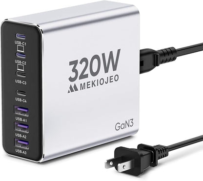 Aluminum Alloy USB C Charger GaN Fast USB C Charging Station 7 Ports 65W Laptop Charger for MacBook Pro/Air/iPad Pro/iPhone (Silver-4C3A)