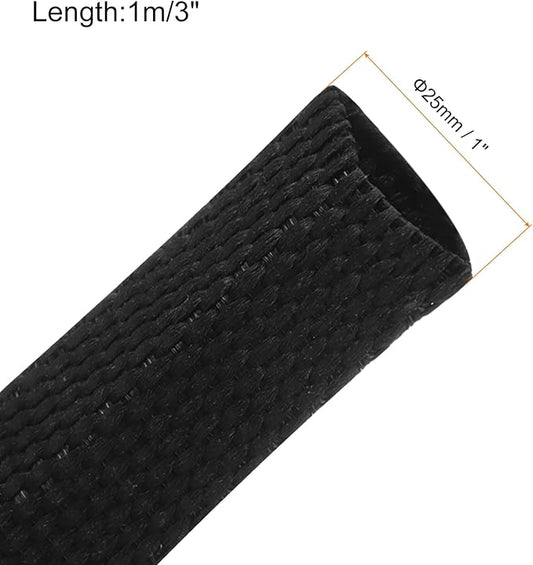 MECCANIXITY Braided Cable Sleeves Heat Shrinkable Fabric Sleeving, 1" 3ft Black 2:1 Ratio Heat Shrinkable Cord Protector for Harness Cable, Network Cable Protection, Cable Management