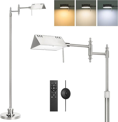 Dimmable Pharmacy Floor Lamp with Remote, 17W LED Reading Floor Lamp with 360°Swing Arm, 3 Color Temperature, Height Adjustable Silver Standing Task Lamp for Living Room, Bedroom, Brushed Nickel