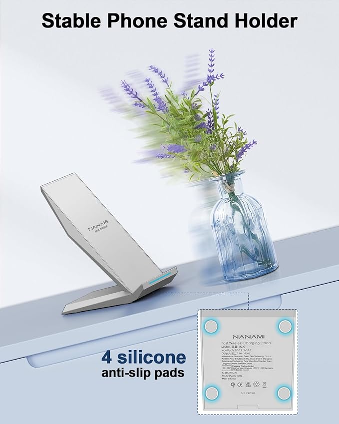 Fast Wireless Charger, NANAMI Qi Certified Wireless Charging Stand Compatible iPhone 16/16 Plus/16 Pro/16 Pro Max/15/14/13/12, Samsung Galaxy S25/S24/S23/S22/S21/S20/Note 20 Ultra and Qi-Enabled Phone