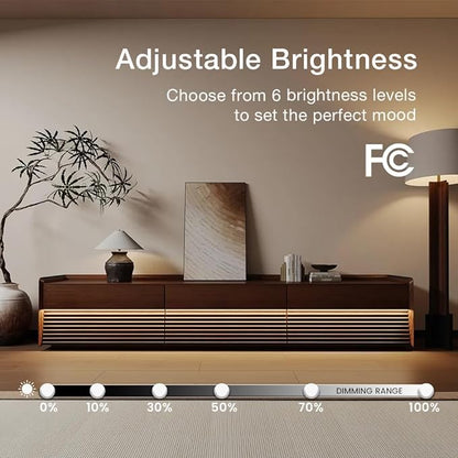 POVISON Fully-Assembled Mid Century Modern TV Stand, 94.49" Wood Media Console with Adjustable LED Light, Entertainment Center with Storage for Living Room