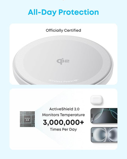 Anker Zolo Magnetic Wireless Charger, Qi2 Certified 15W MagSafe-Compatible Wireless Charging Pad, for iPhone 16/15/14/13 Series, AirPods, and More (Adapter Not Included) (White, 1 Pack)