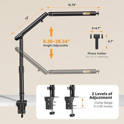 SupeDesk Overhead Camera Mount, Adjustable Desk Mount with Flexible Aluminum Spring Arm, 360° Ball Head, 1/4" 3/8" Screw & Phone Clamp for DSLR Cameras, Light, Heavy Microphones, and Smartphones