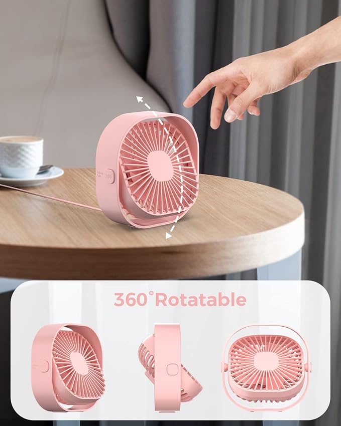 RJVW 4 Inch Small USB Desk Fan, 3-Speed Portable & 360°Rotatable Mini Cooling Fan, USB-Powered Desktop Fan for Home Office Bedroom Dorm Indoor Outdoor Summer Gift