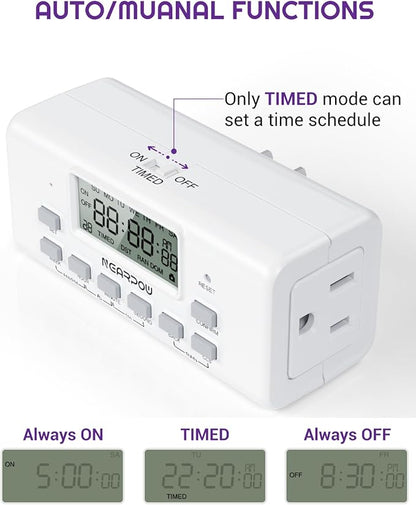 NEARPOW Digital Timer for Lamp with Dual Outlets, Programmable Timer in Door, Outlet Timers for Lights,10 On/Off Programs, 24-Hour and 7-Day Programmable Electric Plug Timers,3 Prong, 15A/1875W