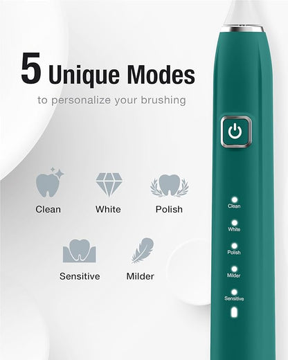 7AM2M Sonic Electric Toothbrush with 6 Brush Heads for Adults&Kids, One Charge for 120 Days, Wireless Fast Charge, 5 Modes, 40000VPM Powered Toothbrush, 2 Minutes Built in Smart Timer - Peacock Green