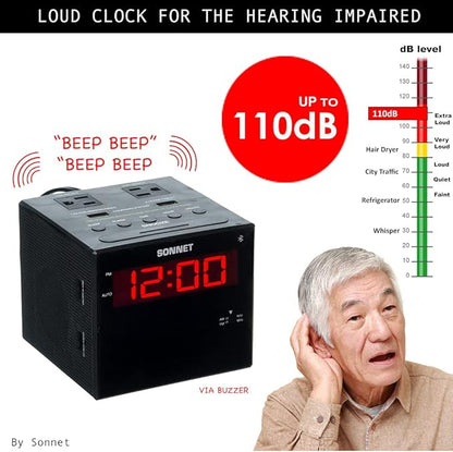 Sonnet Alarm Clock Charging Station, Bluetooth Speaker, AM FM Radio, Dual USB Charging Ports, Dual AC Outlets, Very Loud Alarm Clock for Heavy Sleepers and The Hearing Impaired for Desk, Bedroom
