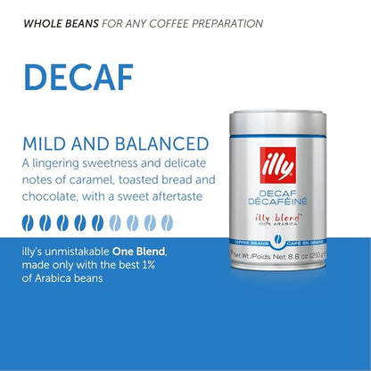 illy Decaf Whole Bean Coffee, Classico Decaffeinated Medium Roast, 100% Arabica, Premium Italian Coffee, Ideal for Espresso, Drip, Moka and French Press Brewing, 8.8oz, 6 Pack