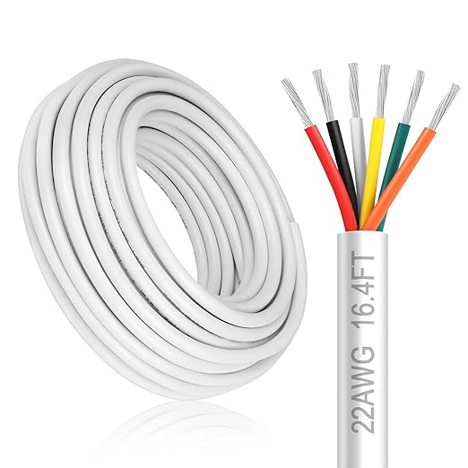 22 Gauge 6 Conductor Electrical Wire, 16.4FT White Stranded Low Voltage 22/6 Cable, PVC Case, 22 AWG Tinned Copper Wire Extension Power for LED Strips, Lamp Lighting, Automotive