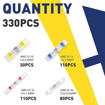 330PCS Solder Seal Wire Connectors-haisstronica Marine Grade - Heat Shrink Butt Connectors-Self Solder for Electrical,Stereo(30Yellow 80White 110Red 110Blue)