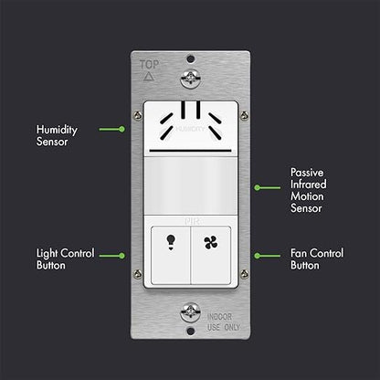 TOPGREENER Dual Tech Humidity Sensor Switch, Infrared PIR Motion & Air Moisture Detection, Bathroom Fan & Light Control, Adjustable Timing, Neutral Wire Required, UL Listed, TDHOS5-2PCS, White 2 Pack