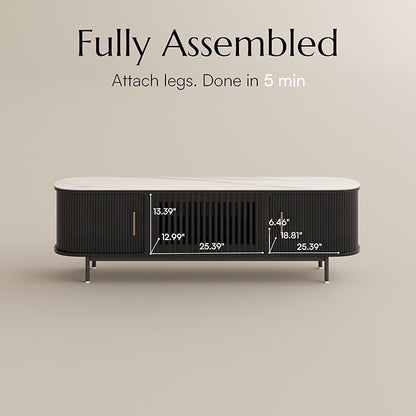 POVISON Sliding Tambour Door TV Stand, Mid Century Modern Sintered Stone TV Console, Wood Media Console for 70 Inch TV, Entertainment Center with Storage Cabinet, Fully-Assembled (Black, 70.87")