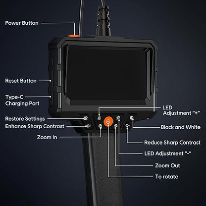 Endoscope with Light and 50ft Semi-Rigid Cable, Handheld Borescope 4.3'' HD 1080P, 8 Adjustable LED Lights, IP67 Waterproof Inspection Camera for Sewer, Gadgets for Men (Single Lens)