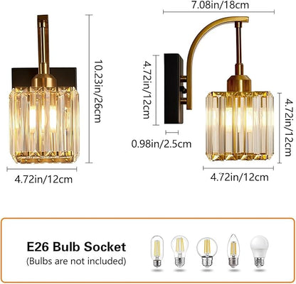FDPBY Wall Sconces, Set of 2 Black Gold Crystal Vanity Lights, Modern Wall Lamp for Bathroom, Hallway, and Makeup, Easy Installation