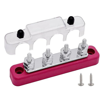 4 x #10 (M5) Studs Bus Bar, Ampper 4.2" Power Distribution Block Brass Battery BusBar Junction with Cover for Auto Boat Amplifier and More (Red)