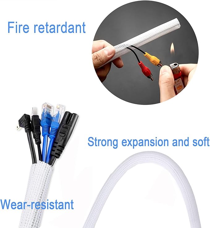 Pet Proof Split Cable Sleeve Organizer - Cord Cover Protector for Desk, Hide Wires from Cats Chewing, Computer Cord Management (3/4inch-5ft, 2Pcs, White)