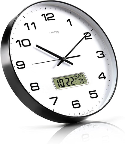 TIMESS Wall Clock, 14" Large Dial Non-Ticking Silent Battery Operated Analog with LCD Display for Perpetual Calendar and F° Temperature, Ideal Modern Home, Bedroom, Office Decor (Black)